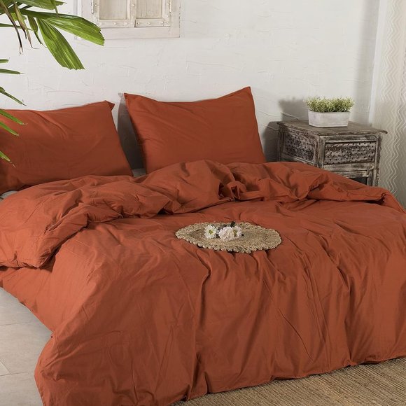 Bed Set 3 piece queen size duvet with pillowcases rust orange color 100% cotton - Picture 6 of 11